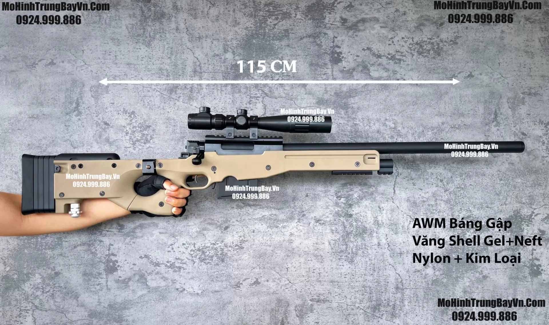 Súng Sniper Văng Shell AWM AWP Màu Cát Báng Gập Kim Loại 115cm Cao Cấp Gel + Xốp Full Phụ Kiện (1) (1)