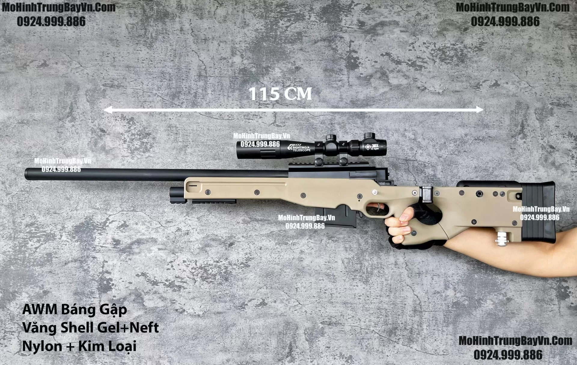 Súng Sniper Văng Shell AWM AWP Màu Cát Báng Gập Kim Loại 115cm Cao Cấp Gel + Xốp Full Phụ Kiện (1) (1)