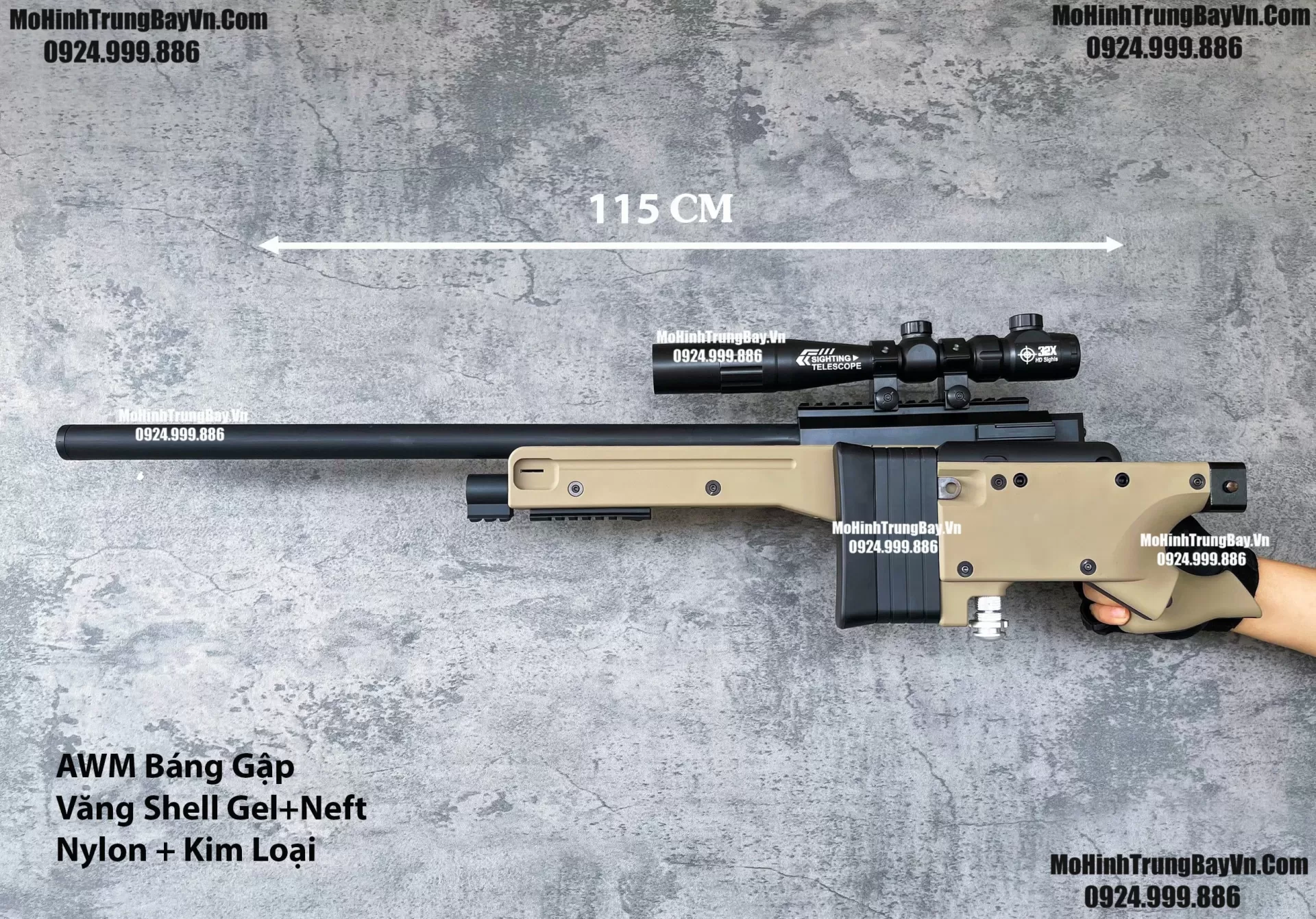 Súng Sniper Văng Shell AWM AWP Màu Cát Báng Gập Kim Loại 115cm Cao Cấp Gel + Xốp Full Phụ Kiện (1) (1)