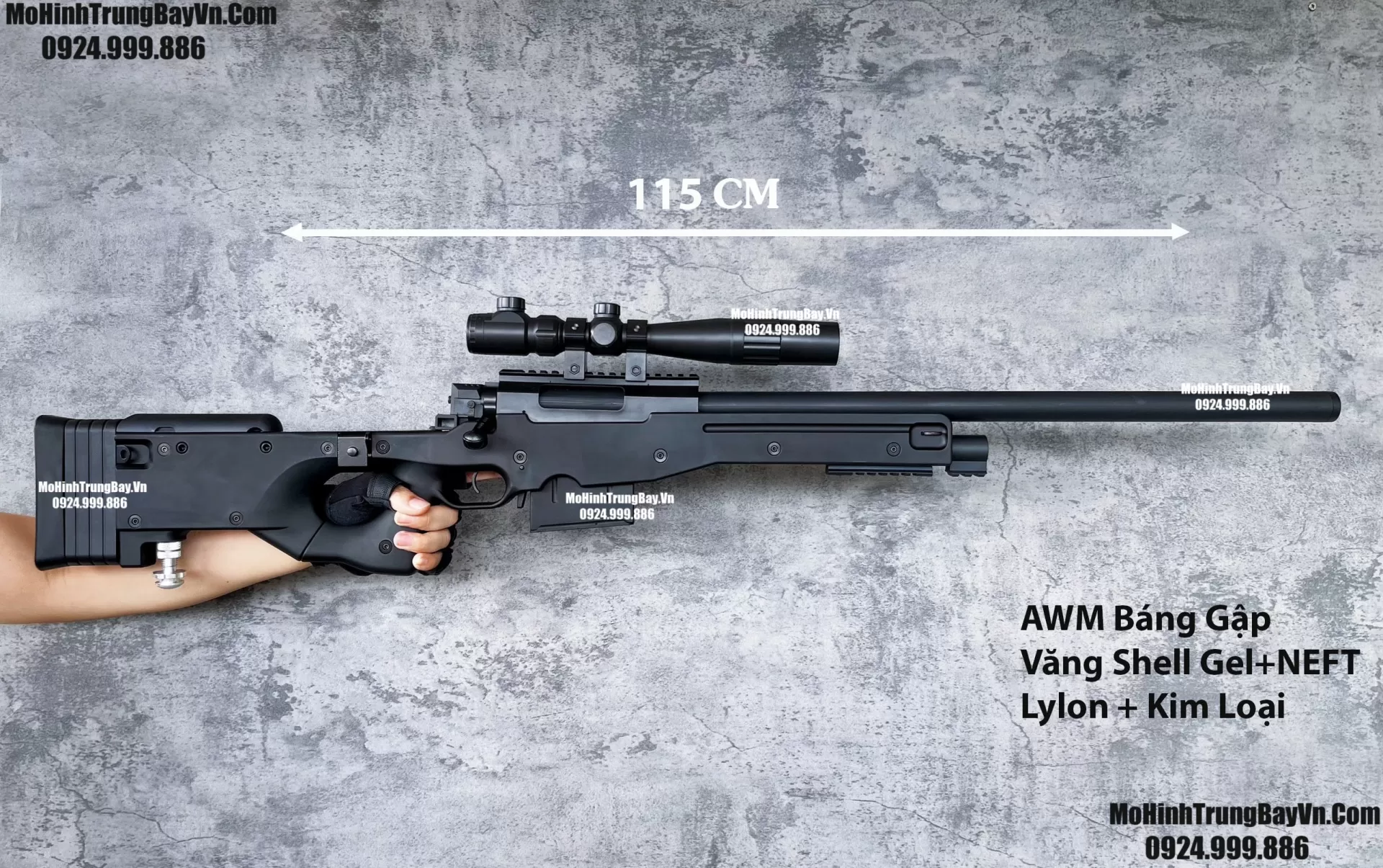 Súng Sniper Văng Shell AWM AWP Màu Đen Báng Gập Kim Loại 115cm Cao Cấp Gel + Xốp Full Phụ Kiện (1)