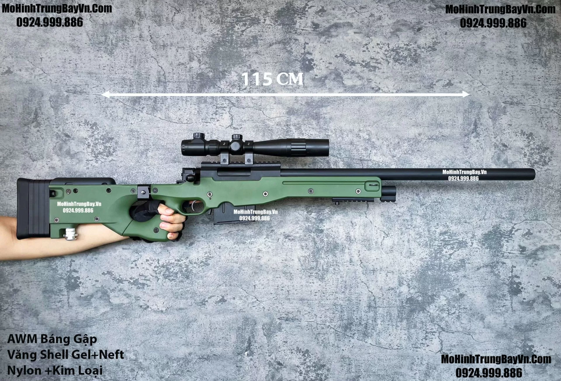 Súng Sniper Văng Shell AWM AWP Màu Xanh Báng Gập Kim Loại 115cm Cao Cấp Gel + Xốp Full Phụ Kiện