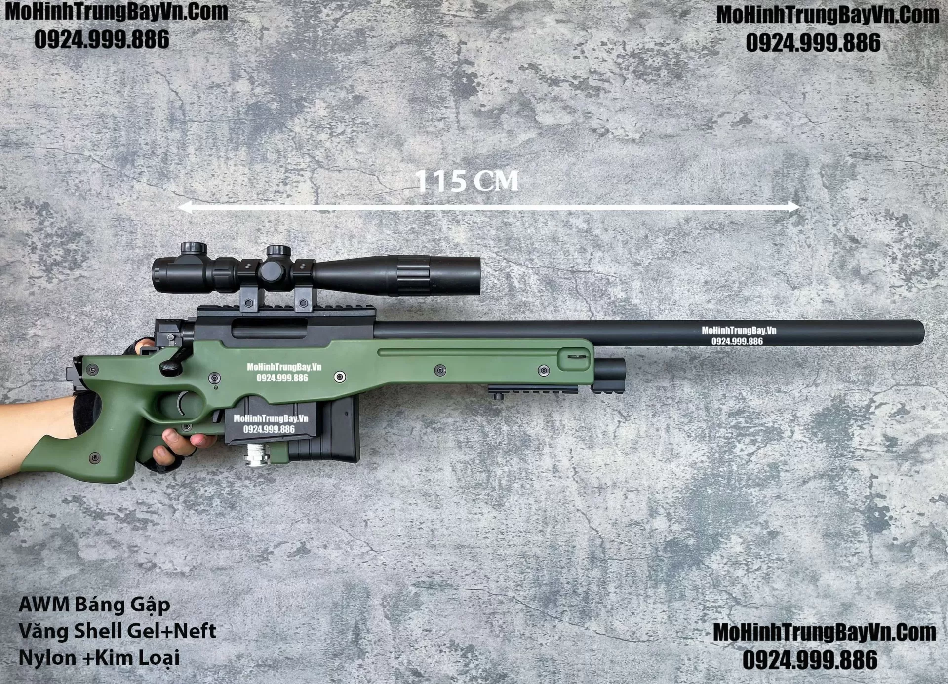 Súng Sniper Văng Shell AWM AWP Màu Xanh Báng Gập Kim Loại 115cm Cao Cấp Gel + Xốp Full Phụ Kiện