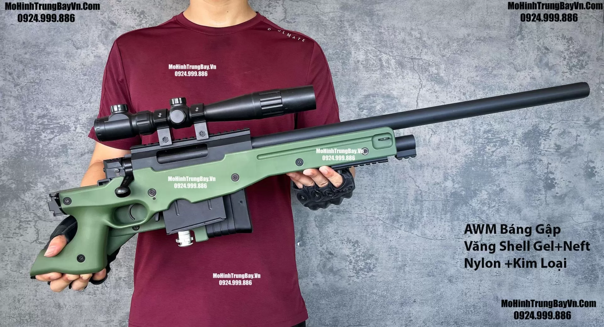Súng Sniper Văng Shell AWM AWP Màu Xanh Báng Gập Kim Loại 115cm Cao Cấp Gel + Xốp Full Phụ Kiện
