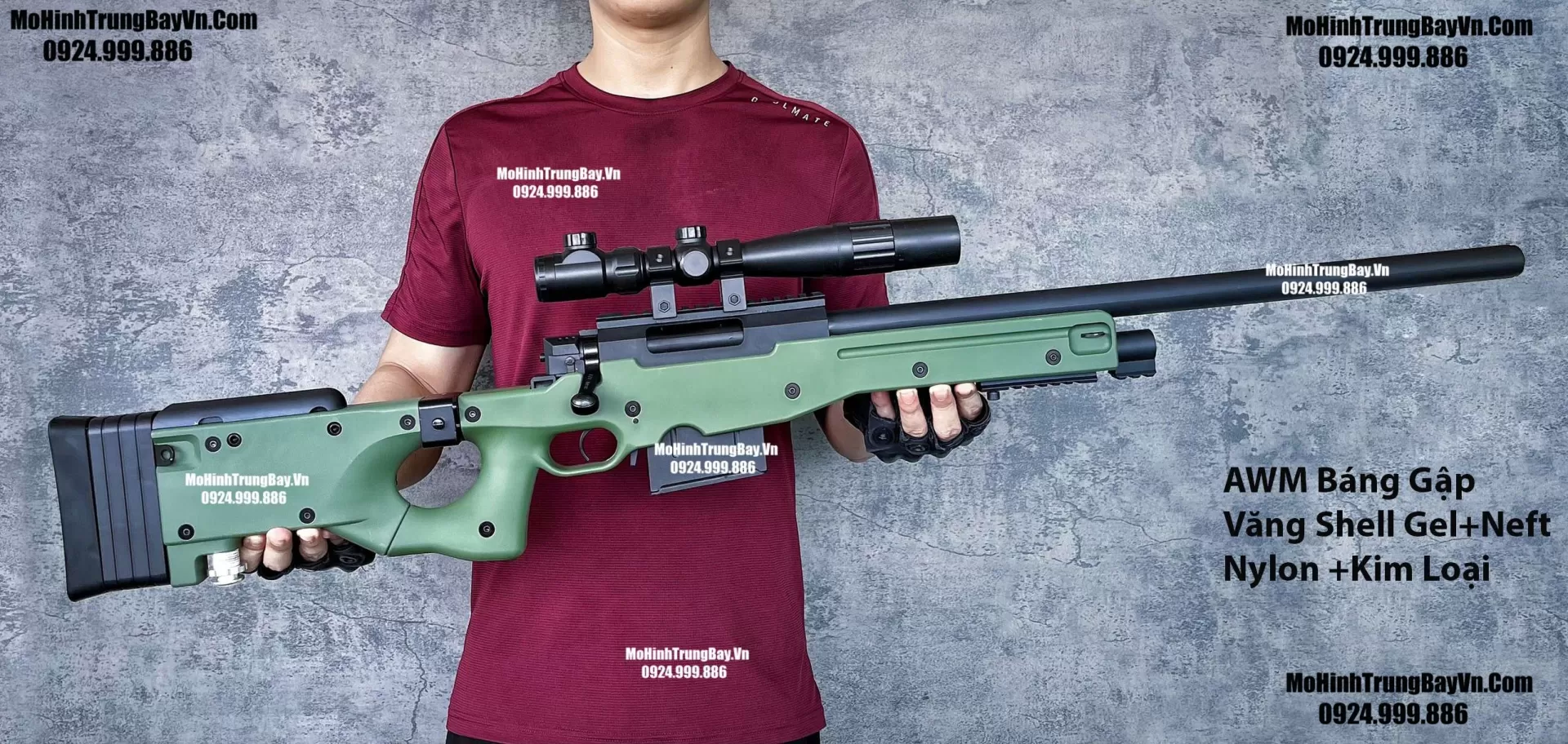 Súng Sniper Văng Shell AWM AWP Màu Xanh Báng Gập Kim Loại 115cm Cao Cấp Gel + Xốp Full Phụ Kiện