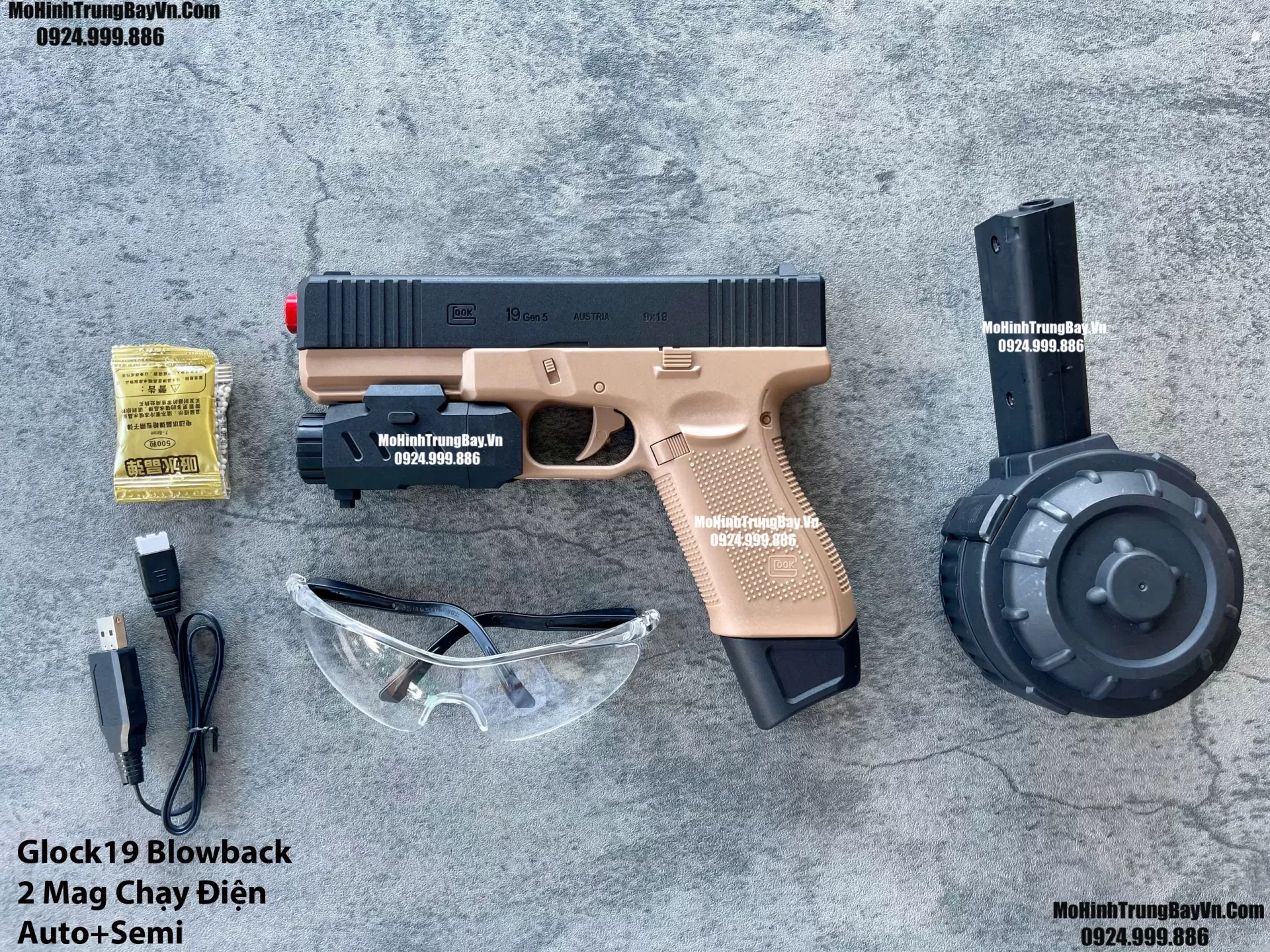 Súng Lục Đạn Thạch Glock19 Auto Blowback 2 Chế Độ Auto Semi Kèm 2 Băng Đạn Lực Cực Mạnh Mohinhtrungbay Mohinhtrungbay.vn
