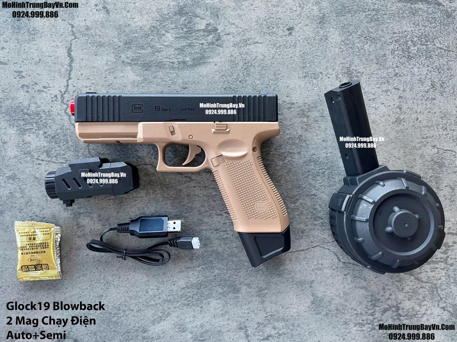 Súng Lục Đạn Thạch Glock19 Auto Blowback 2 Chế Độ Auto Semi Kèm 2 Băng Đạn Lực Cực Mạnh Mohinhtrungbay Mohinhtrungbay.vn