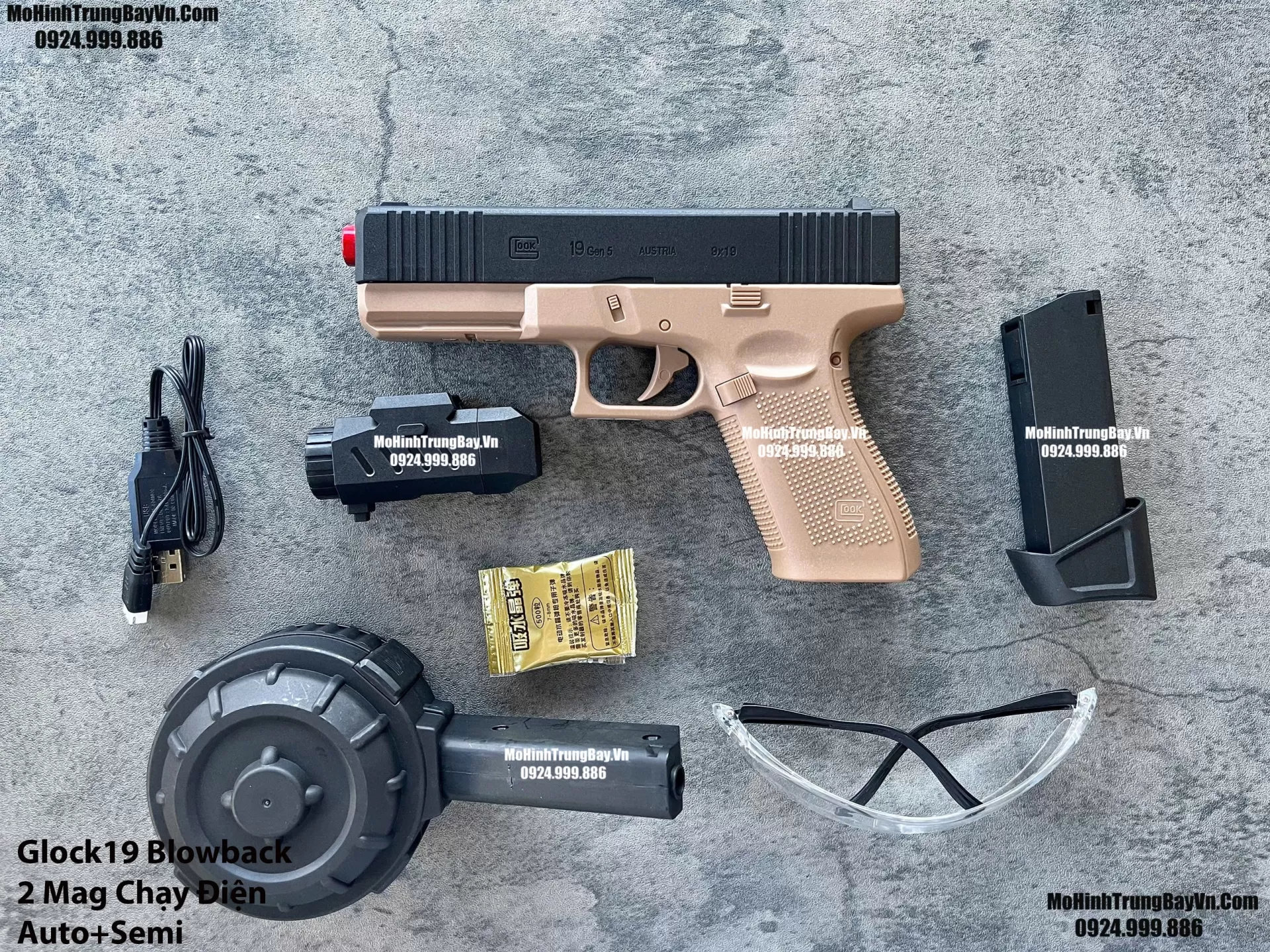Súng Lục Đạn Thạch Glock19 Auto Blowback 2 Chế Độ Auto Semi Kèm 2 Băng Đạn Lực Cực Mạnh Mohinhtrungbay Mohinhtrungbay.vn