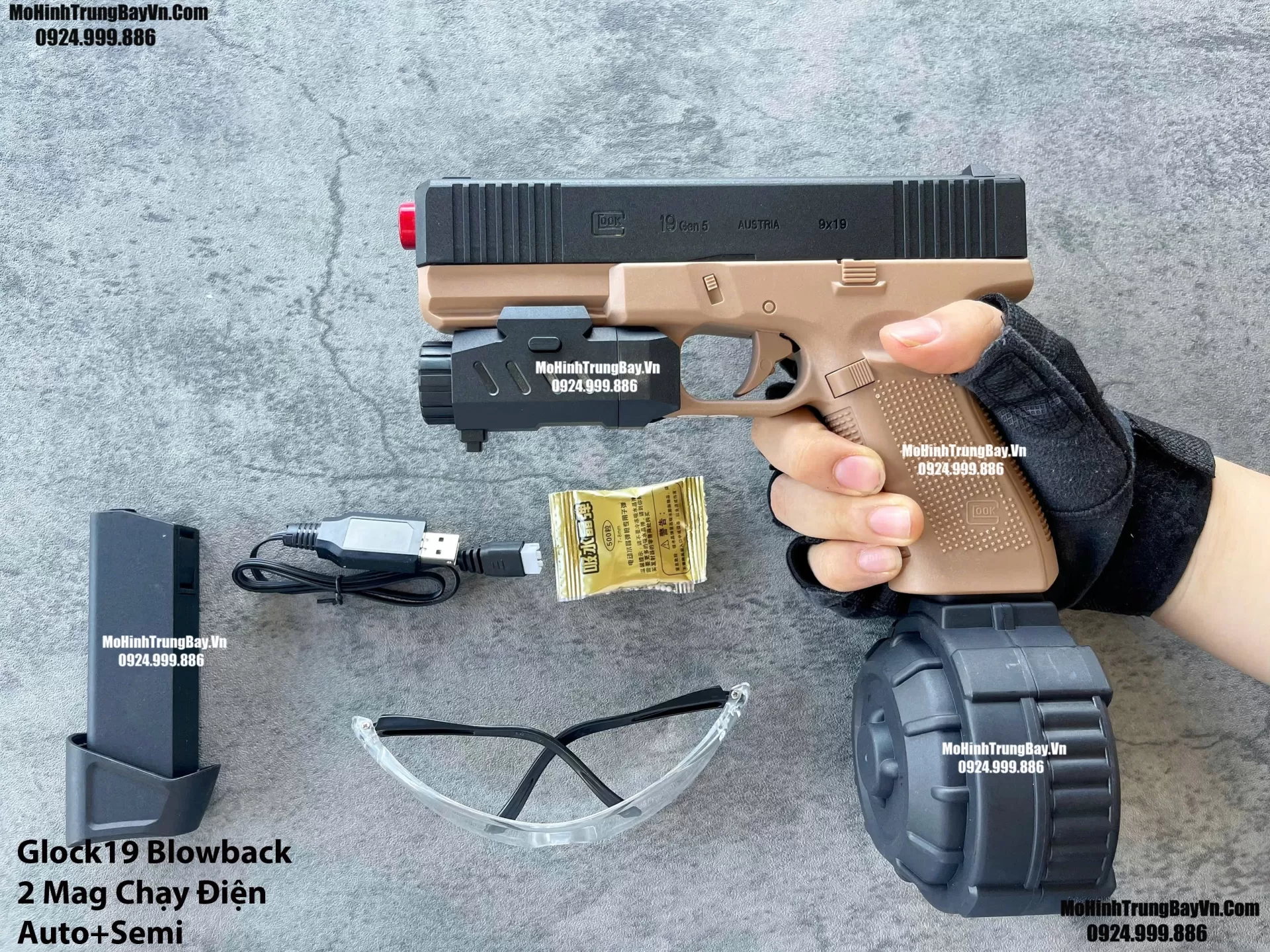Súng Lục Đạn Thạch Glock19 Auto Blowback 2 Chế Độ Auto Semi Kèm 2 Băng Đạn Lực Cực Mạnh Mohinhtrungbay Mohinhtrungbay.vn