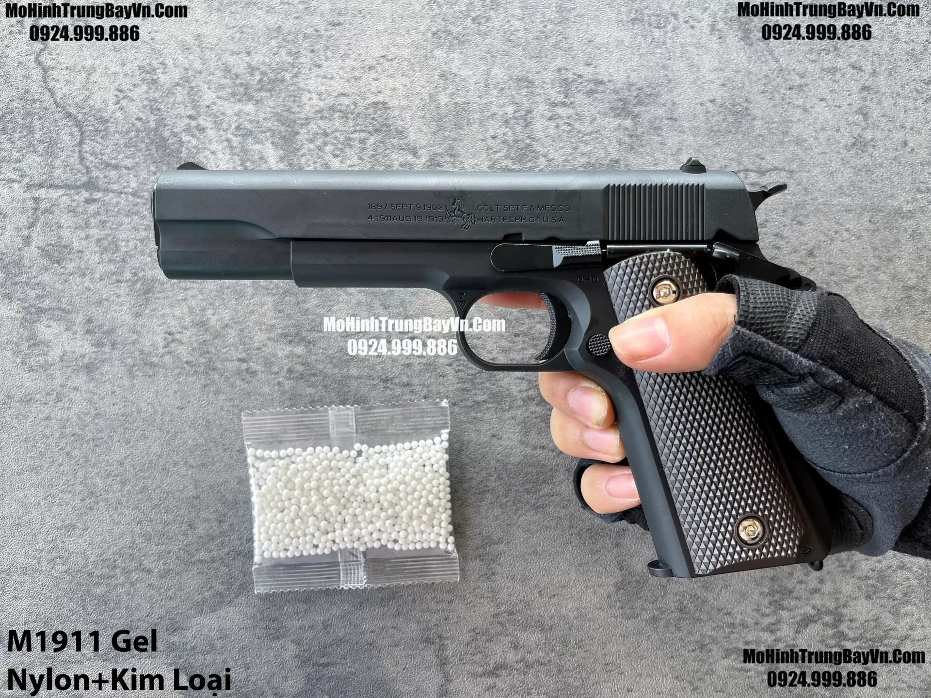 Súng Lục Đạn Thạch M1911 Đen  Cắc Bụp Kéo Slide Full Nylon Nòng Kim Loại Cực Nặng Tay Piston Mohinhtrungbay Mohinhtrungbay.vn
